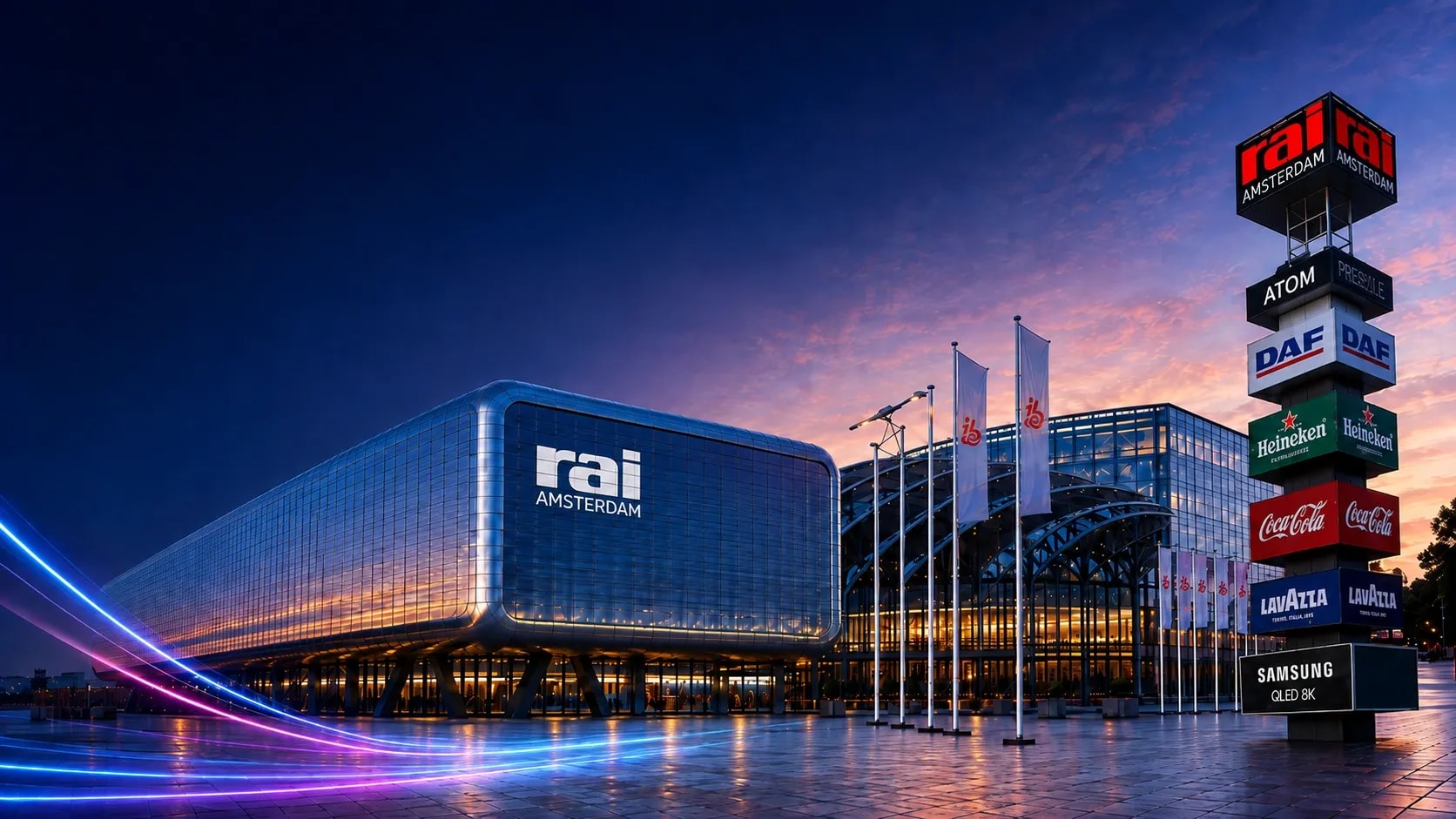RAI Amsterdam exhibition venue at dusk for IBC2026, featuring the iconic RAI tower and convention center.