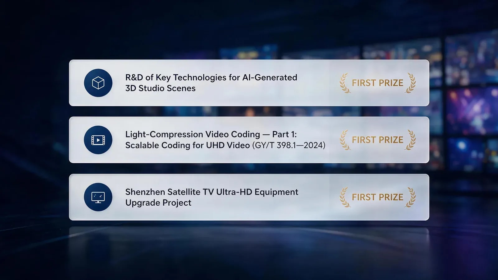 The three First Prize projects: R&D of key technologies for AI-generated 3D studio scenes; Light-Compression Video Coding — Part 1: Scalable Coding for UHD Video (GY/T 398.1—2024); and the Shenzhen Satellite TV ultra-HD equipment upgrade project